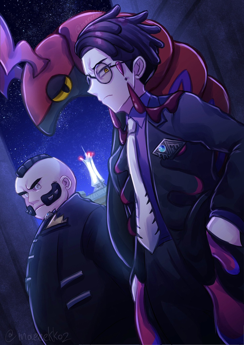 2boys, antennae, black-framed_eyewear, black_hair, black_jacket, black_pants, black_suit, bug