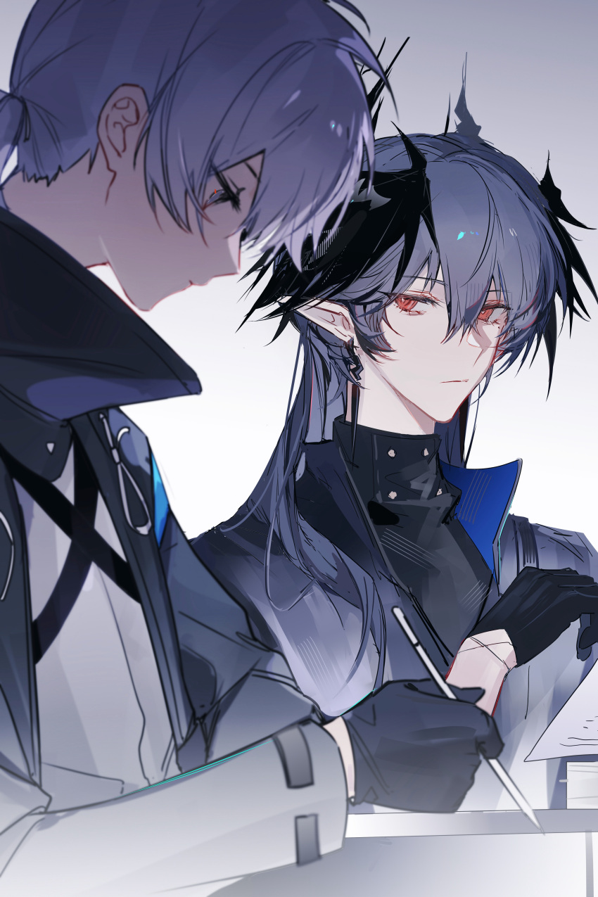 1boy, 1other, absurdres, androgynous, arknights, bishounen, black_coat, black_gloves