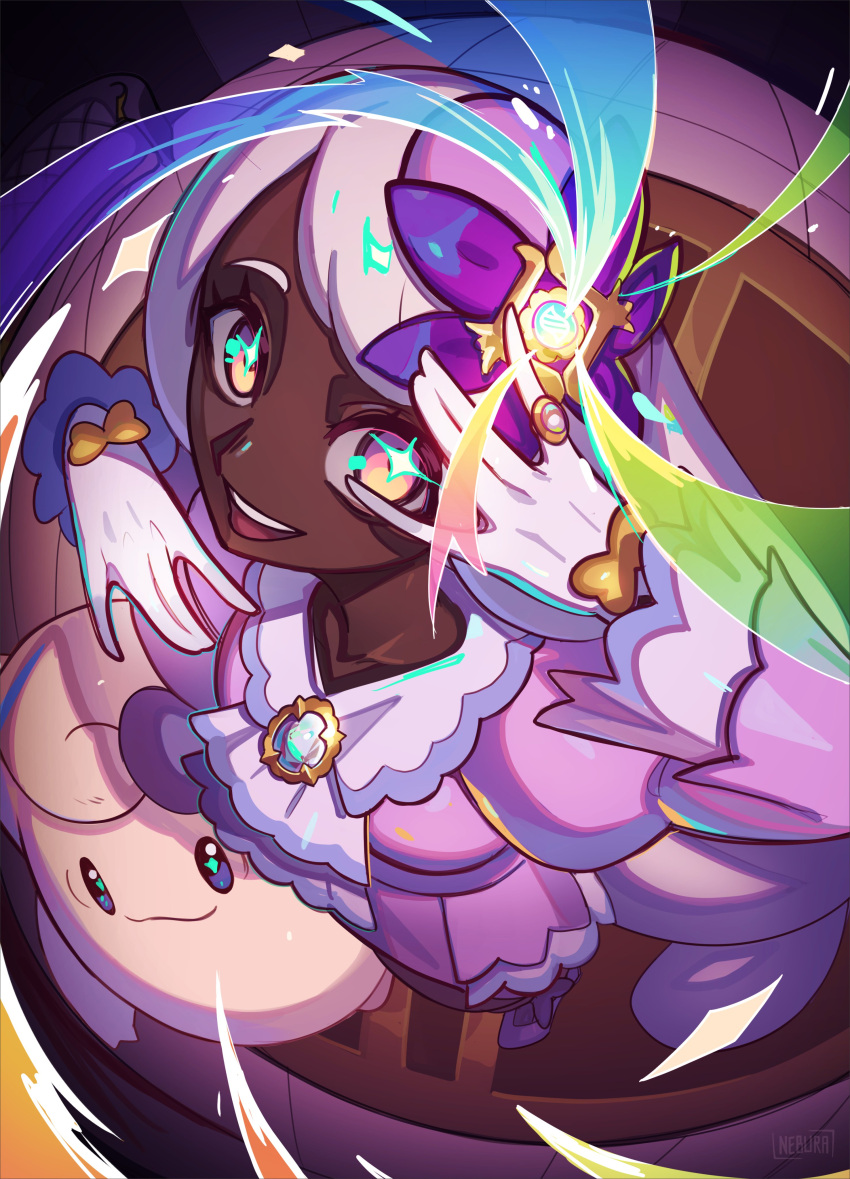 1girl, absurdres, ascot, breasts, clefable, closed_mouth, dark-skinned_female, dark_skin