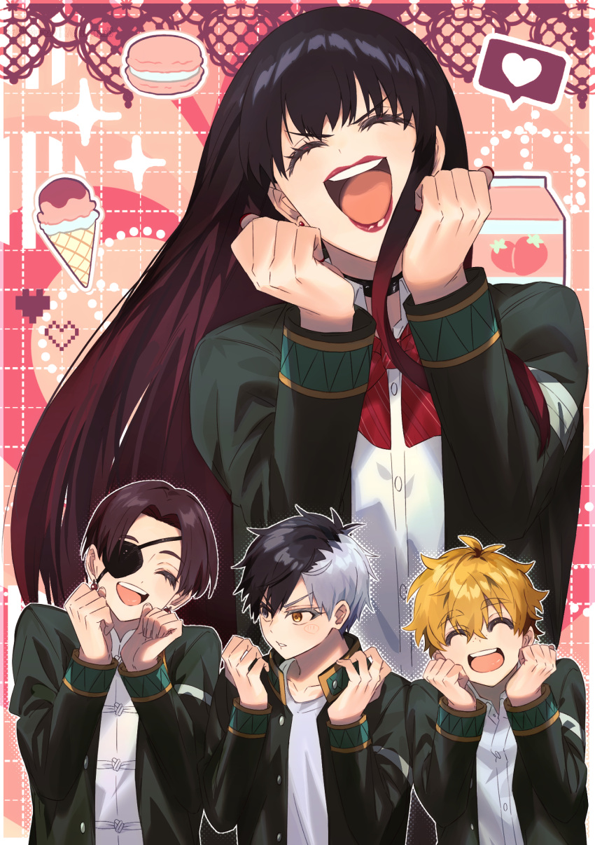0u0_wnwnak3, 4boys, arms_up, black_hair, brown_eyes, brown_hair, clenched_hands, closed_eyes, commentary, crossdressing, crossdressing_(mtf), excited, furin_high_school_uniform, green_jacket, highres, jacket, long_hair, multicolored_hair, multiple_boys, nirei_akihiko, open_mouth, red_hair, red_lips, sakura_haruka_(wind_breaker), school_uniform, smile, suo_hayato, tsubakino_tasuku, two-tone_hair, white_hair, wind_breaker_(nii_satoru)