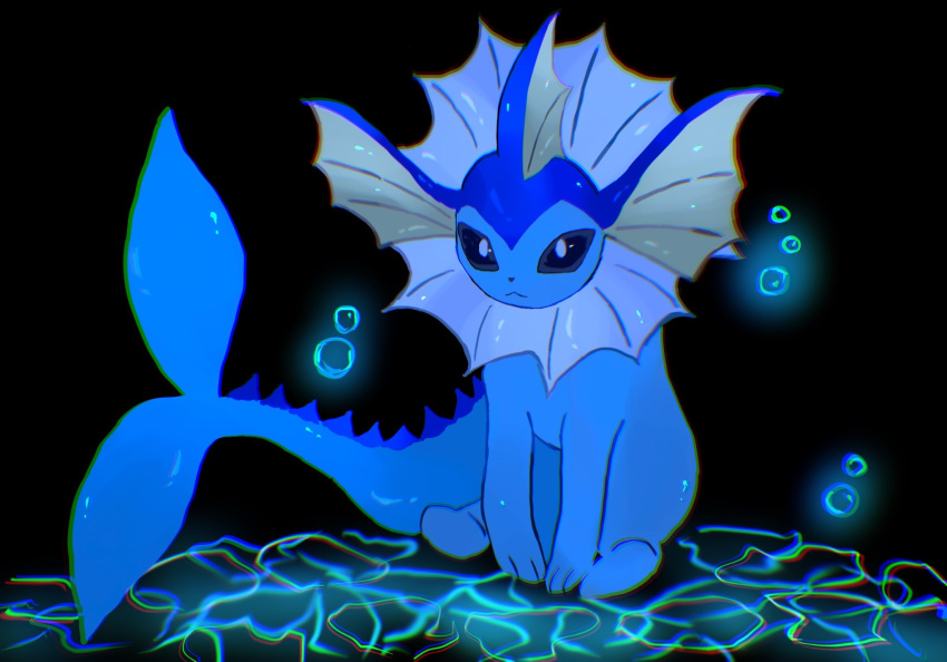 animal_focus, black_background, black_eyes, bubble, closed_mouth, glowing, highres, mariin_(mrn_8_8), no_humans, pokemon, pokemon_(creature), pokemon_focus, simple_background, sitting, solo, vaporeon