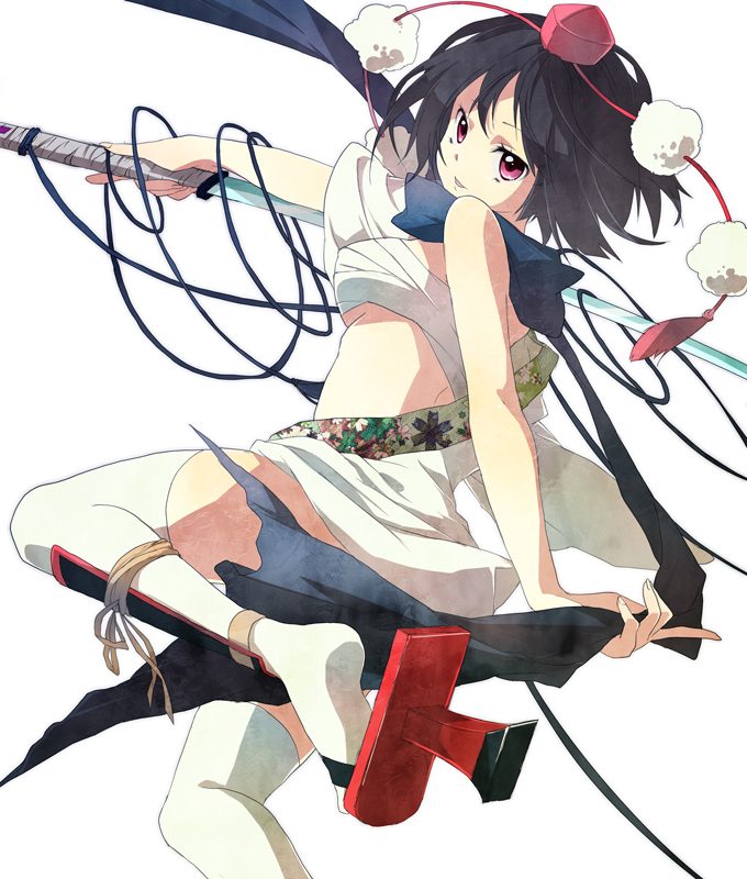 bandage, bandages, bare_shoulders, black_hair, breasts, from_behind, geta, hat