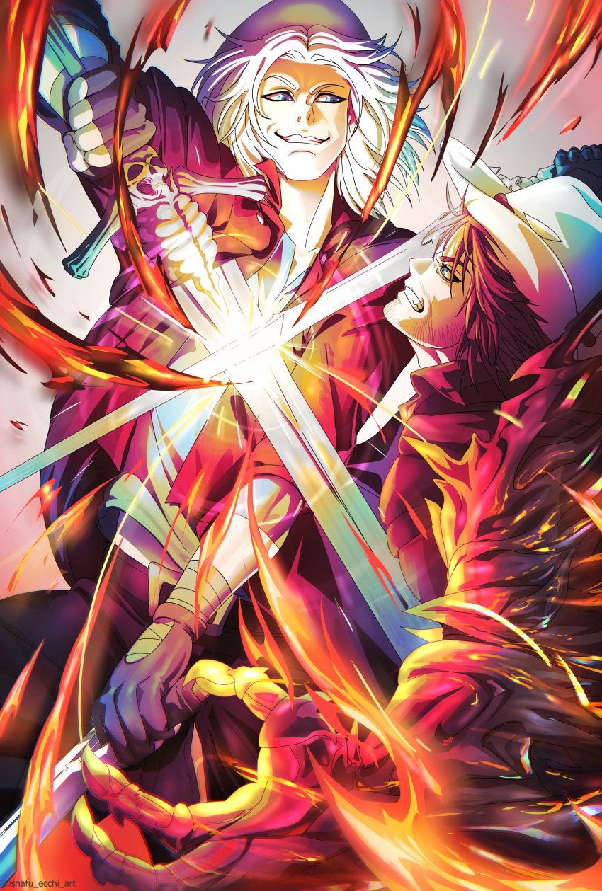 2boys, absurdres, asymmetrical_dual_wielding, battle, beard, beard_stubble, black_cape, black_gloves