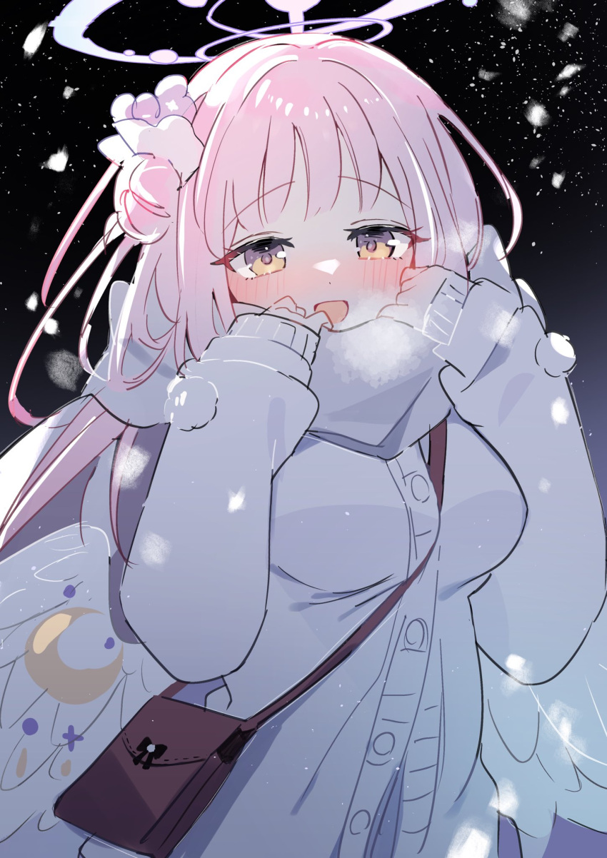 1girl, alternate_costume, angel_wings, blue_archive, breasts, halo, highres, jacket, large_breasts, long_hair, looking_at_viewer, mika_(blue_archive), pink_hair, pink_halo, solo, utakapen, white_jacket, white_wings, wings, yellow_eyes