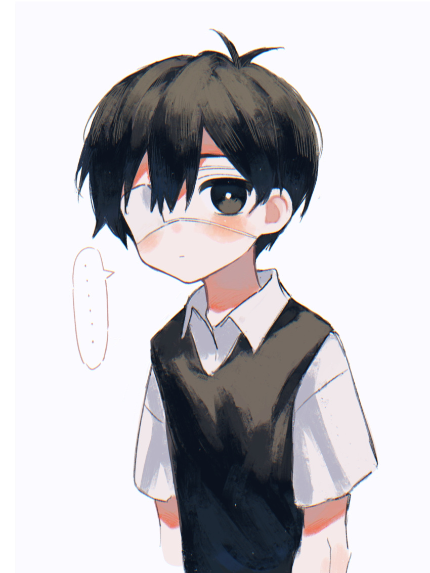 ..., 1boy, antenna_hair, arms_at_sides, black_eyes, black_hair, black_sweater_vest, blush