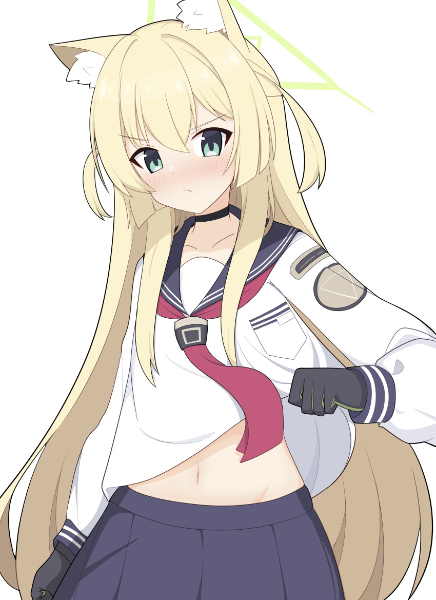 >:(, 1girl, absurdres, animal_ear_fluff, animal_ears, arm_at_side, black_choker, black_gloves, black_sailor_collar, blonde_hair, blue_archive, blush, choker, clenched_hands, closed_mouth, clothes_lift, commentary, cowboy_shot, fenrir-banana, fox_ears, fox_girl, frown, gloves, green_eyes, green_halo, hair_between_eyes, halo, hand_up, highres, kurumi_(blue_archive), lifting_own_clothes, long_hair, long_sleeves, looking_at_viewer, navel, neckerchief, nose_blush, presenting_stomach, red_neckerchief, sailor_collar, school_uniform, serafuku, shirt, shirt_lift, shy, sidelocks, simple_background, solo, stomach, straight_hair, triangle_halo, two_side_up, v-shaped_eyebrows, very_long_hair, white_background, white_shirt