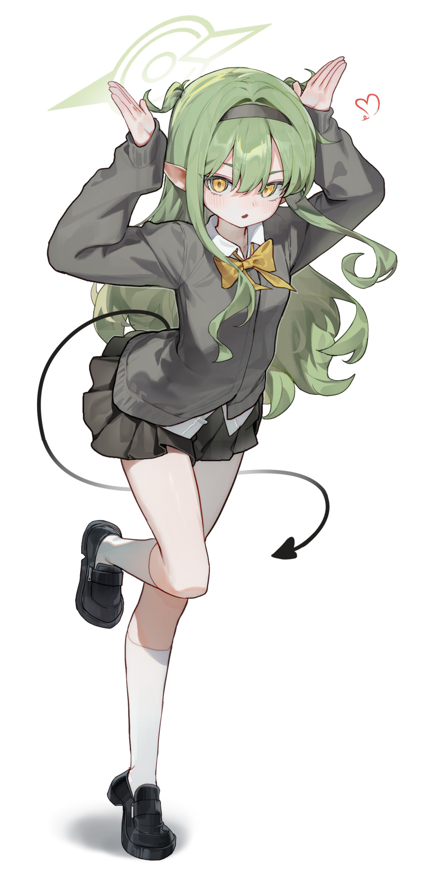 1girl, absurdres, alternate_costume, black_hairband, black_shoes, black_skirt, blue_archive, bow, bowtie, collared_shirt, commentary, full_body, green_hair, hair_between_eyes, hairband, halo, hands_up, hashtag-only_commentary, highres, hikari_(blue_archive), huu_(dighapdlxm12), kneehighs, loafers, long_hair, looking_at_viewer, parted_lips, pointy_ears, shirt, shoes, simple_background, skirt, socks, solo, standing, standing_on_one_leg, symbol-only_commentary, tail, white_background, white_socks, yellow_bow, yellow_bowtie, yellow_eyes