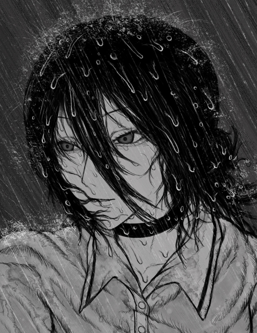 1girl, absurdres, chainsaw_man, choker, greyscale, hair_between_eyes, highres, monochrome, otataru0806, outdoors, polo_shirt, rain, reze_(chainsaw_man), solo, wet, wet_hair