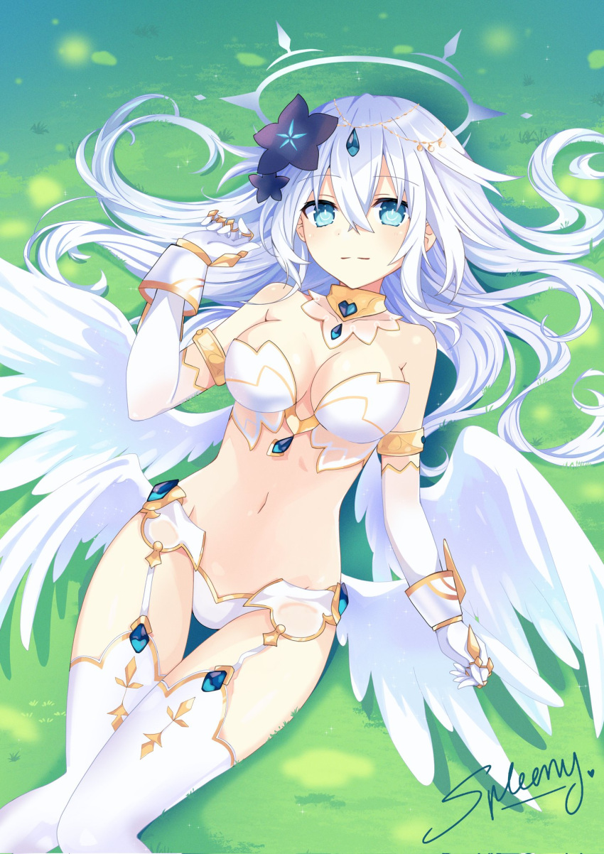 angel, angel_wings, aqua_eyes, armor, belly, black_heart_(neptunia), choujigen_game_neptune, flower, gold_armor, grass, hair_flower, hair_ornament, highres, lingerie, lying, navel, neptune_(series), on_back, on_grass, power_symbol, smile, spleeny, tsunako, underwear, white_hair, wings