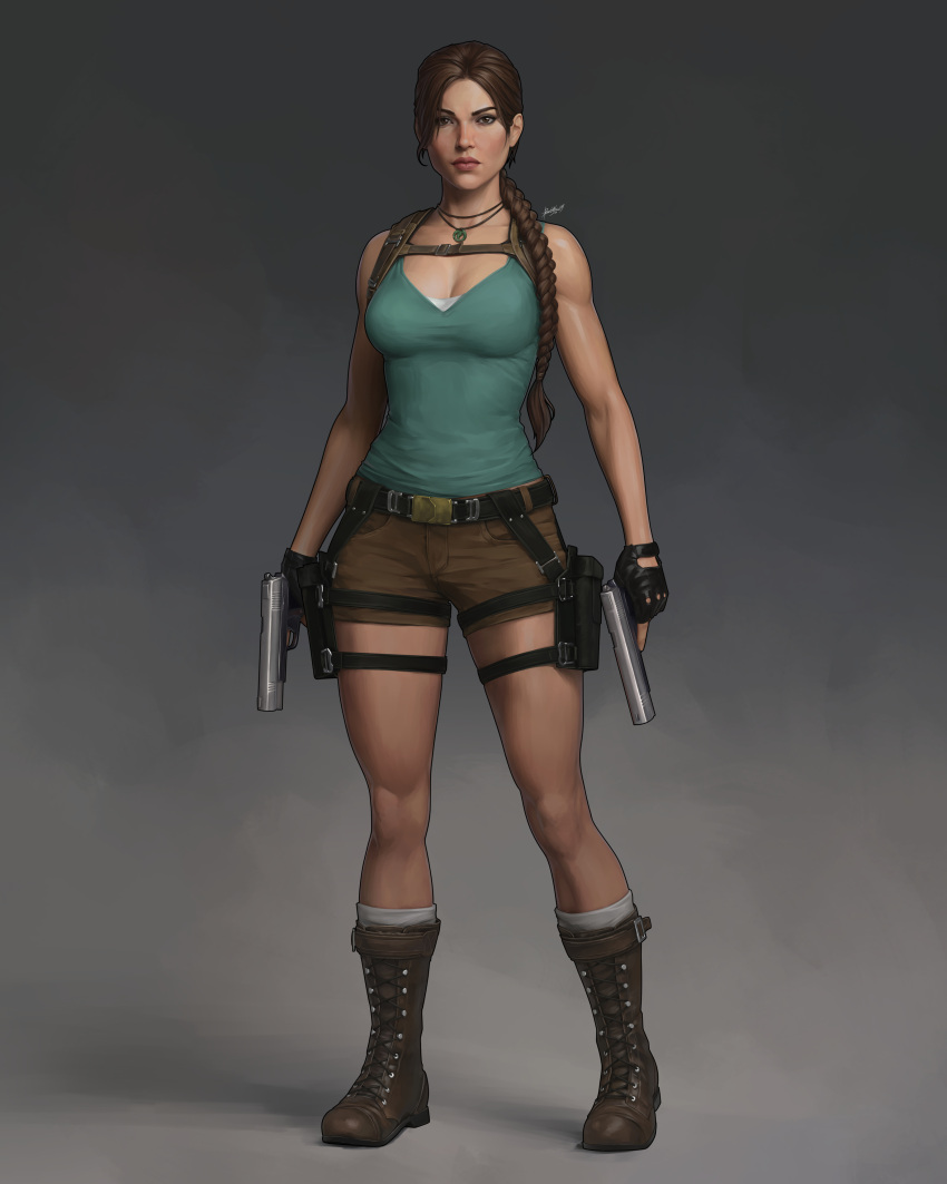 1girl, absurdres, boots, braid, braided_ponytail, breasts, brown_boots, brown_eyes