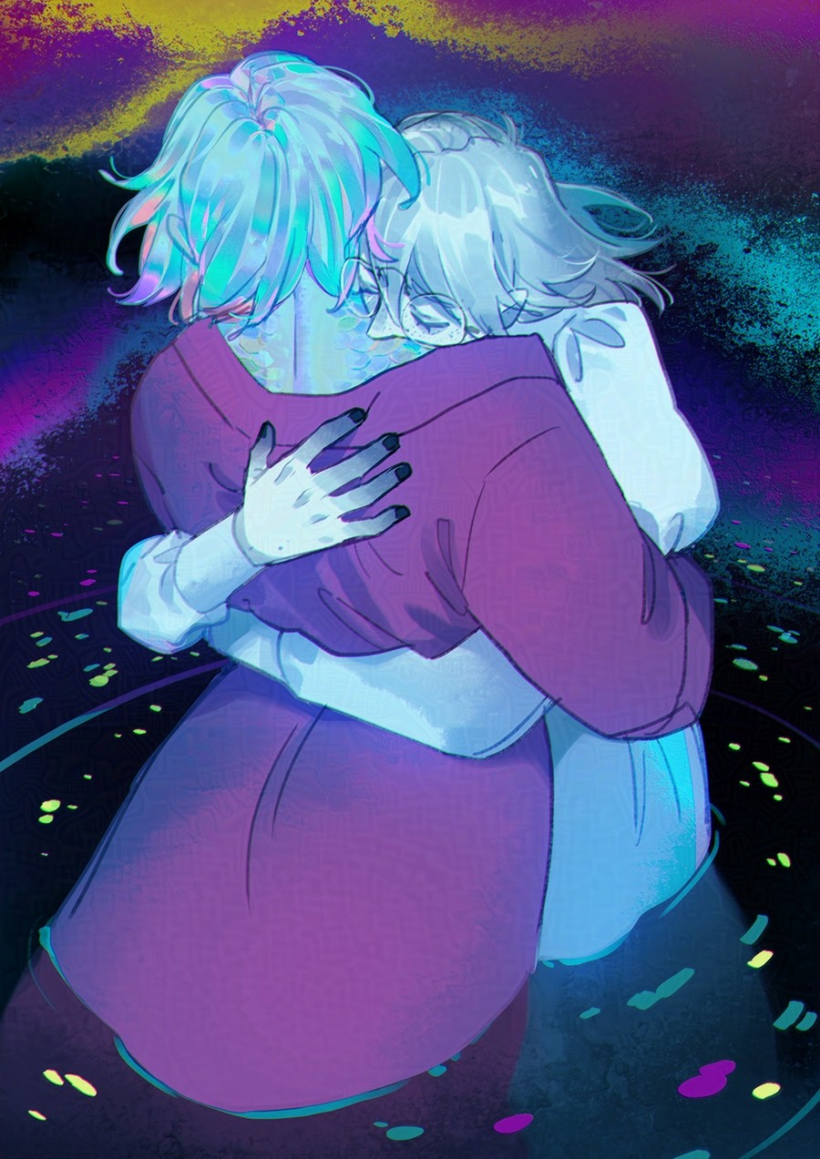 2boys, blue_hair, blue_scales, blue_skin, closed_eyes, colored_skin, crossdressing, crossdressing_(mtf)