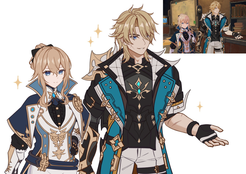 1boy, 1girl, blue_capelet, capelet, collared_coat, cross_scar, game_screenshot_inset, gauntlets