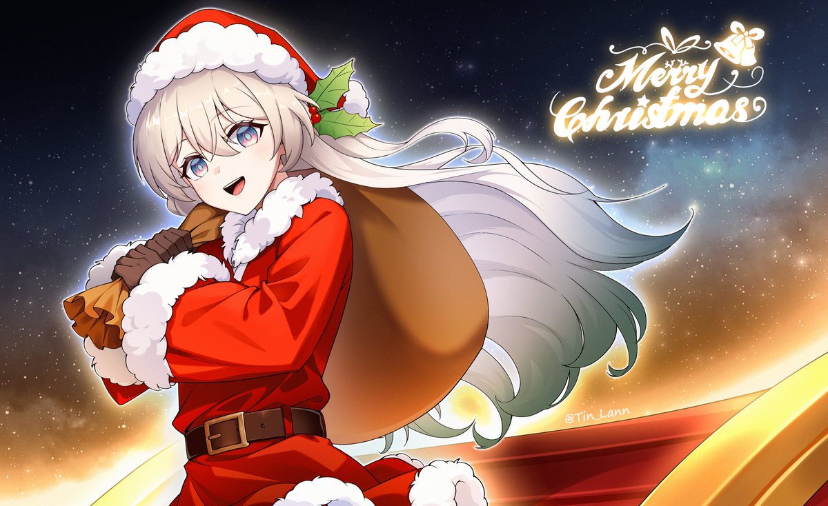 1girl, alternate_costume, belt, blue_pupils, brown_belt, brown_gloves, christmas, commentary_request, cowboy_shot, dress, english_text, firefly_(honkai:_star_rail), floating_hair, fur-trimmed_dress, fur-trimmed_headwear, fur_trim, gloves, grey_hair, hair_between_eyes, hair_ornament, hat, holding, holding_sack, honkai:_star_rail, honkai_(series), long_hair, long_sleeves, looking_at_viewer, merry_christmas, multicolored_eyes, night, night_sky, open_mouth, red_dress, sack, sack_behind_back, santa_costume, santa_hat, sky, smile, solo, star_(sky), starry_sky, teeth, tin_lann, twitter_username, two-tone_eyes, upper_teeth_only