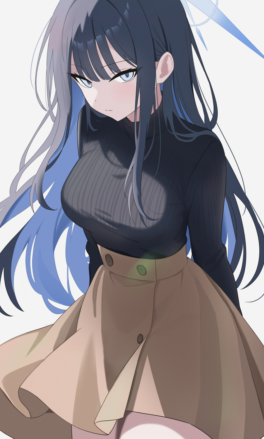 1girl, absurdres, arms_behind_back, black_hair, black_shirt, blue_archive, blue_eyes, blue_hair