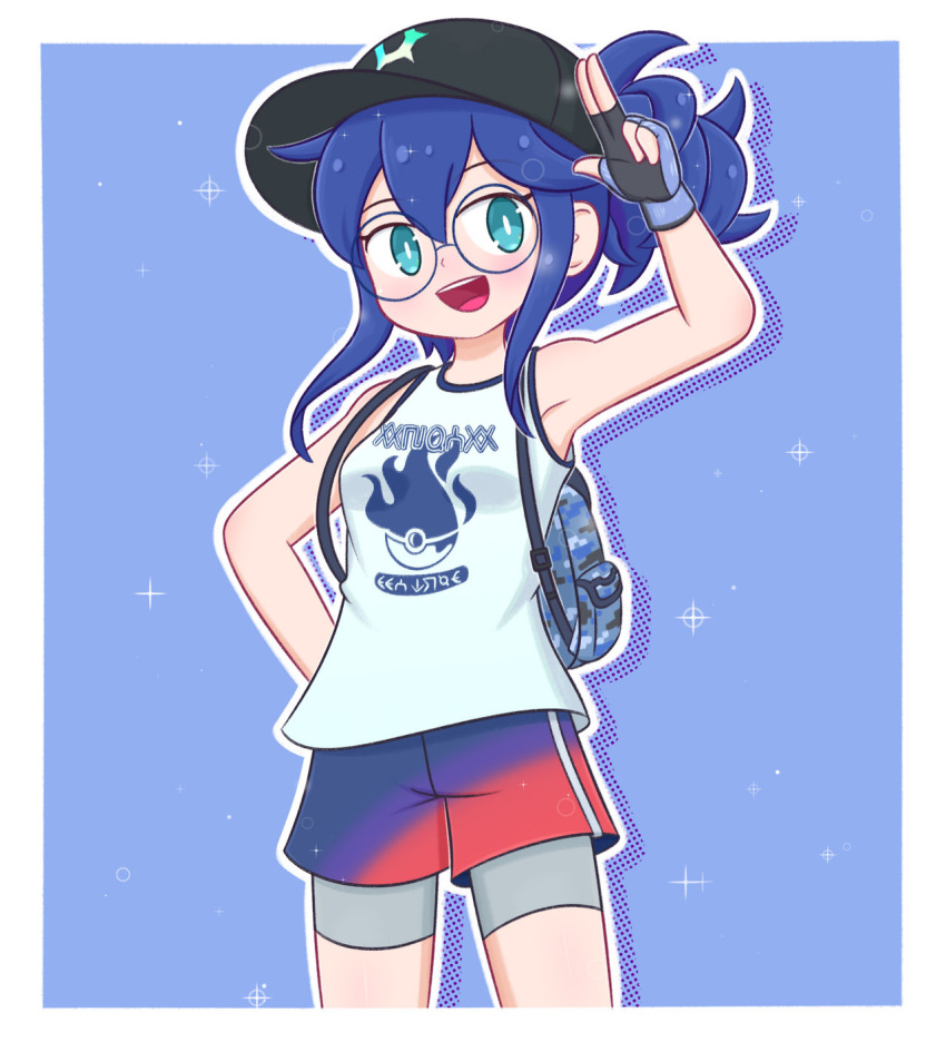 1girl, :d, aqua_eyes, arm_behind_back, arm_up, backpack, bag, baseball_cap