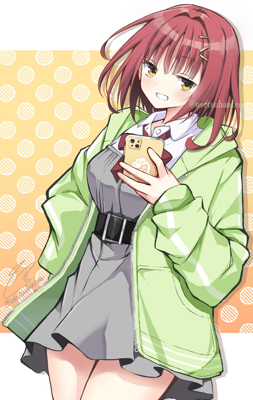 1girl, :d, absurdres, belt, black_belt, blush, bow, bowtie