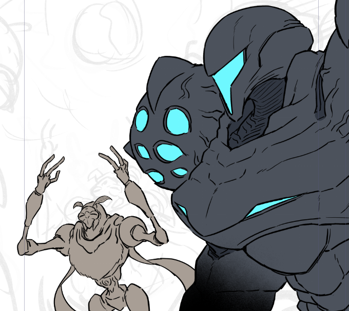1girl, 1other, arm_cannon, armor, arms_up, black_armor, commentary, dark_samus