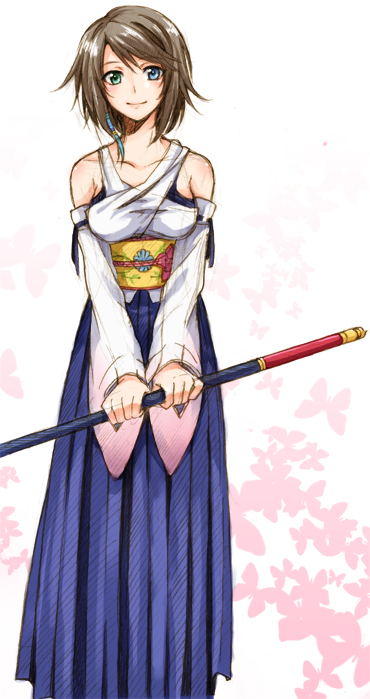 brown_hair, detached_sleeves, fetithism, final_fantasy, final_fantasy_x, green_eyes, heterochromia, japanese_clothes