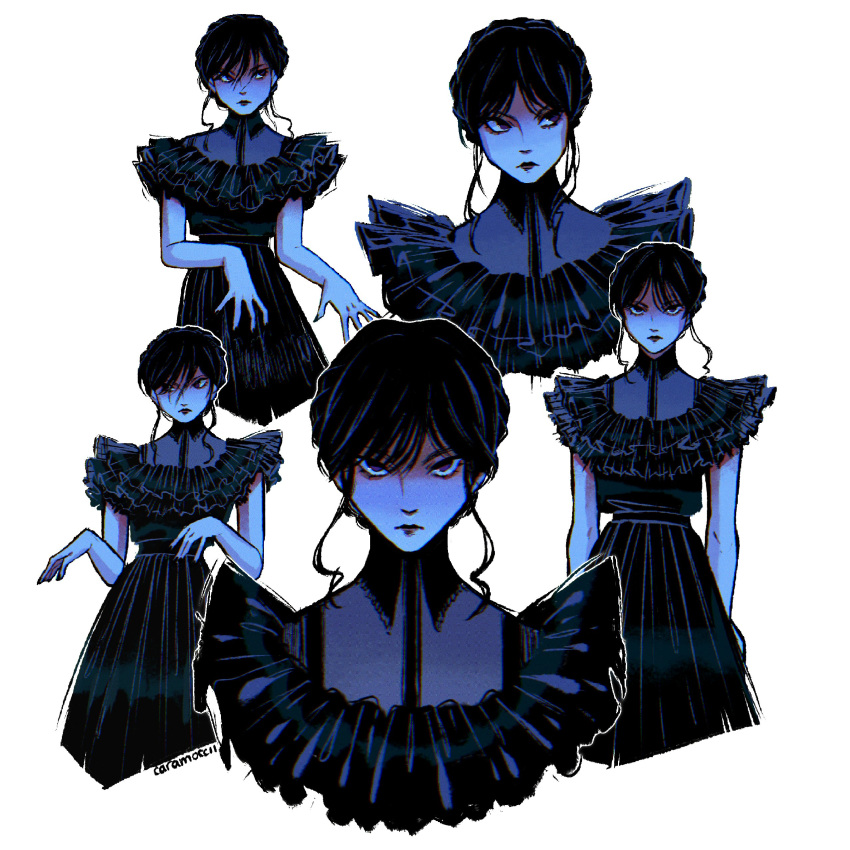 1girl, absurdres, artist_name, black_dress, black_hair, closed_mouth, collared_dress, dress