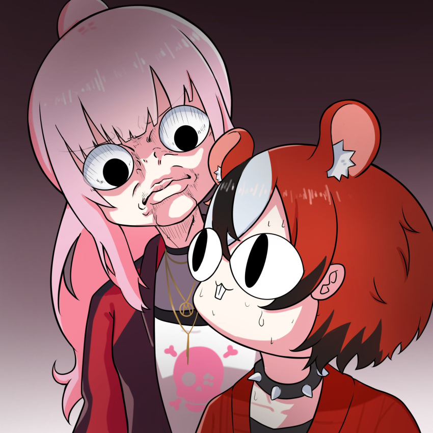 <|>_<|>, 1boy, 1girl, animal_ear_fluff, animal_ears, black_hair, black_jacket, black_shirt