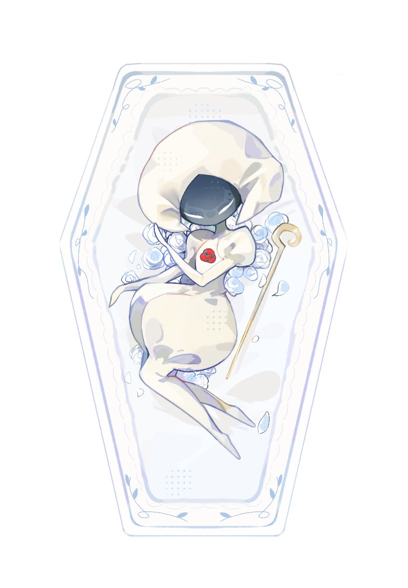 1girl, arthropod_girl, black_skin, closed_eyes, coffin, colored_skin, commentary, flower
