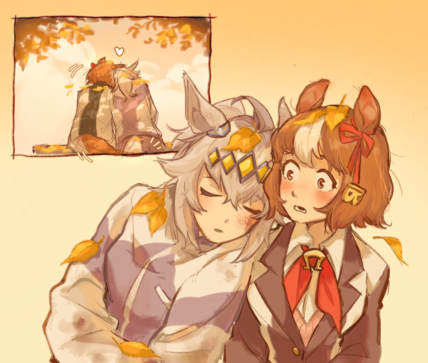 2girls, ahoge, animal_ears, autumn_leaves, belno_light_(umamusume), blush, breasts, brown_hair