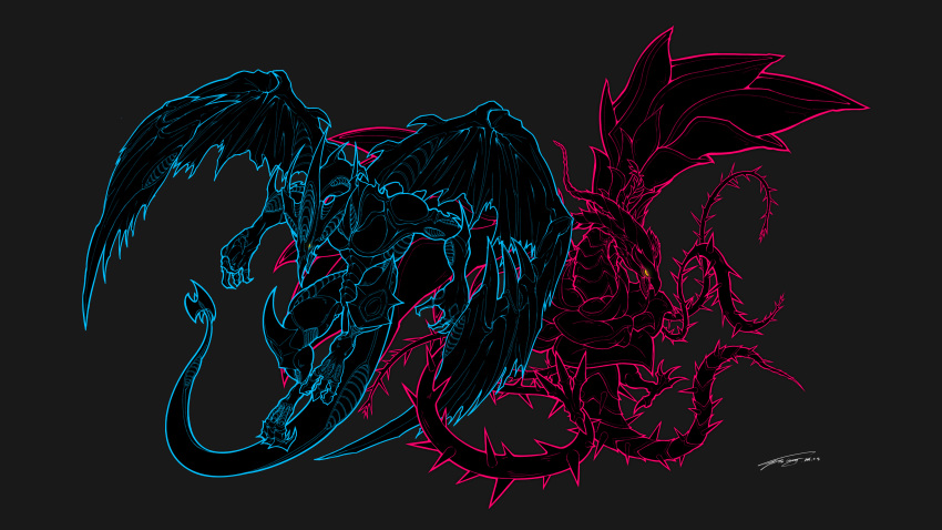 2others, absurdres, behind_another, black_background, black_rose_dragon, blue_outline, color_contrast, commentary