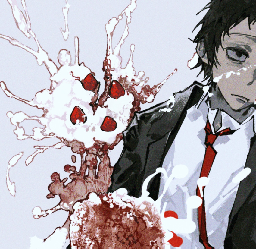 1boy, adachi_tooru, aji_(groongloon), black_eyes, black_hair, black_jacket, cake, dodging, food, fruit, highres, jacket, male_focus, necktie, persona, persona_4, red_necktie, shirt, short_hair, small_pupils, solo, strawberry, white_shirt
