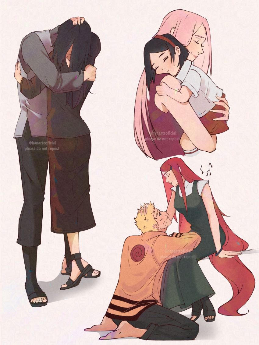 2boys, 4girls, absurdres, arm_around_back, barefoot, black_hair, black_pants, black_sandals, black_shoes, black_skirt, blonde_hair, boruto:_naruto_next_generations, breasts, child, closed_eyes, cropped_torso, dress, facial_mark, full_body, green_dress, grey_shirt, grey_vest, hair_ornament, hairclip, hanarteoficial, hand_in_another's_hair, hand_on_another's_head, haruno_sakura, highres, hug, jacket, kneeling, long_dress, long_hair, looking_at_another, medium_breasts, mother_and_daughter, mother_and_son, multiple_boys, multiple_girls, naruto_(series), naruto_shippuuden, open-toe_shoes, orange_jacket, pants, pink_hair, red_dress, red_hair, red_shoes, sandals, shirt, shirt_under_dress, shoes, short_hair, sitting, skirt, standing, swept_bangs, twitter_username, uchiha_mikoto, uchiha_sarada, uchiha_sasuke, upper_body, uzumaki_kushina, uzumaki_naruto, vest, whisker_markings, white_shirt
