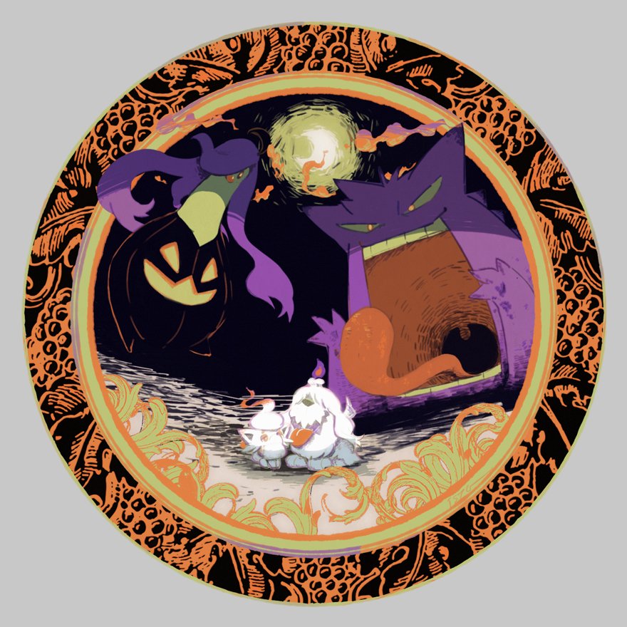 alternate_color, crescent_moon, dog, floating, fox, full_body, gengar, gigantamax_gengar, gourgeist, greavard, grey_background, hisuian_zorua, isutai, jack-o'-lantern, long_hair, looking_at_another, looking_at_viewer, moon, no_humans, open_mouth, pokemon, pokemon_(creature), prehensile_hair, pumpkin, purple_hair, red_clouds, shiny_pokemon, simple_background, standing, tongue, white_fur, yellow_eyes