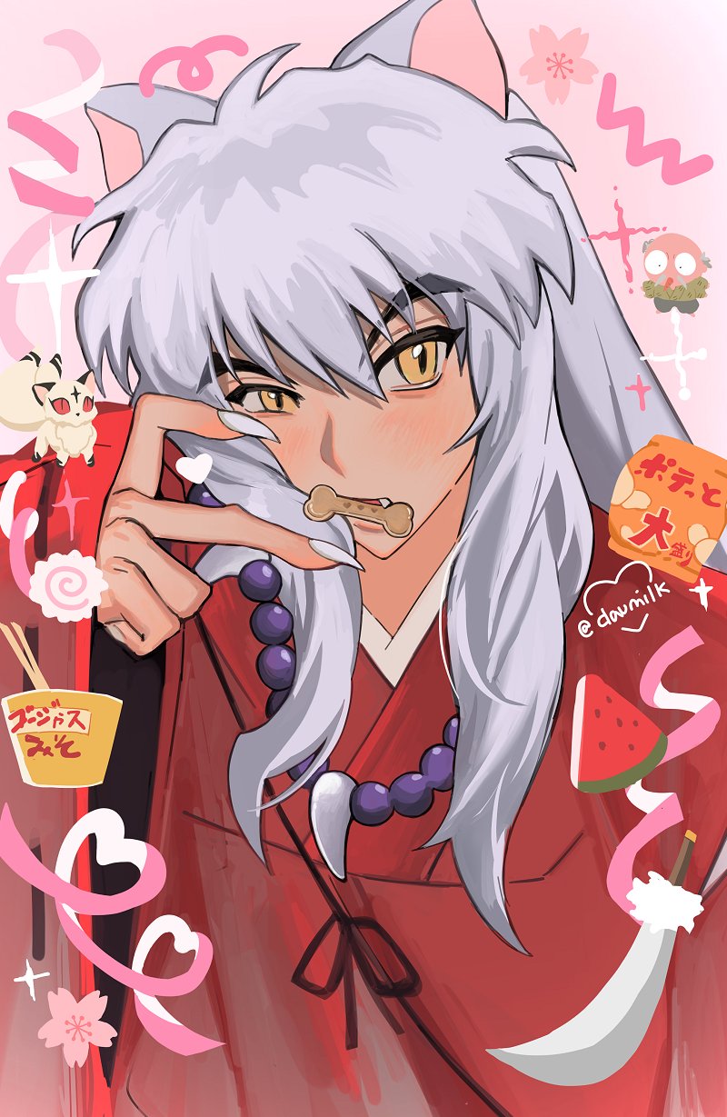 2boys, animal_ears, bead_necklace, beads, blush, chibi, chibi_inset, chips_(food)