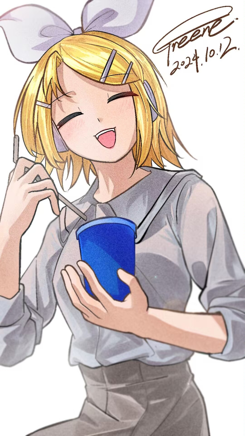 1girl, blonde_hair, bow, closed_eyes, collared_shirt, commentary_request, cup, dated, disposable_cup, drinking_straw, facing_viewer, greene_(darknifeg), hair_bow, hair_ornament, hairclip, headphones, highres, holding, holding_cup, holding_drinking_straw, kagamine_rin, open_mouth, shirt, shirt_tucked_in, short_hair, signature, sleeves_rolled_up, smile, solo, vocaloid