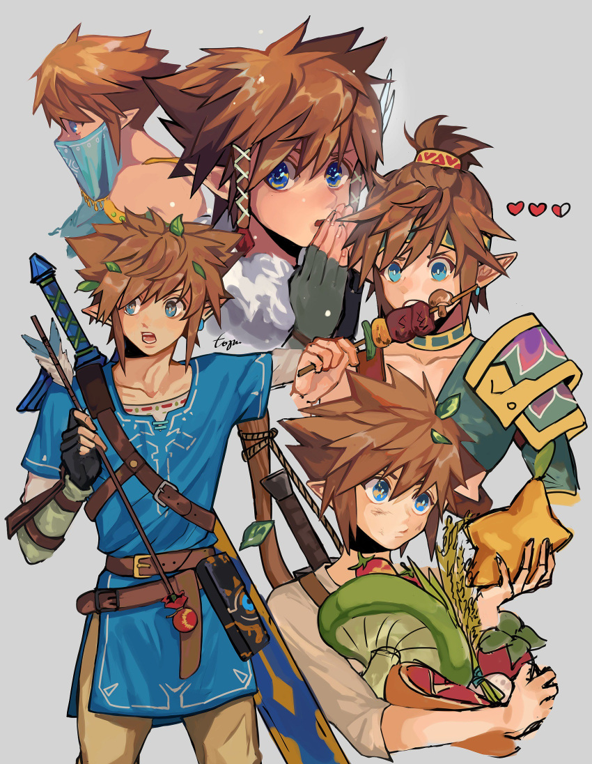 absurdres, aqua_eyes, armor, arrow_(projectile), black_gloves, blue_eyes, blue_tunic, brown_hair