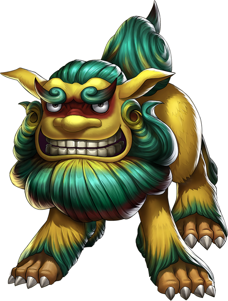 artist_request, demon_(megami_tensei), green_fur, grey_eyes, grin, multicolored_fur, no_humans, official_art