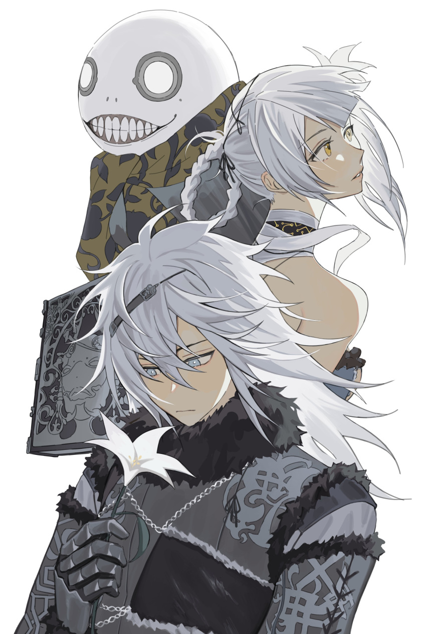 1boy, 1girl, absurdres, armored_gloves, bandaged_neck, bandages, bare_shoulders, blue_negligee
