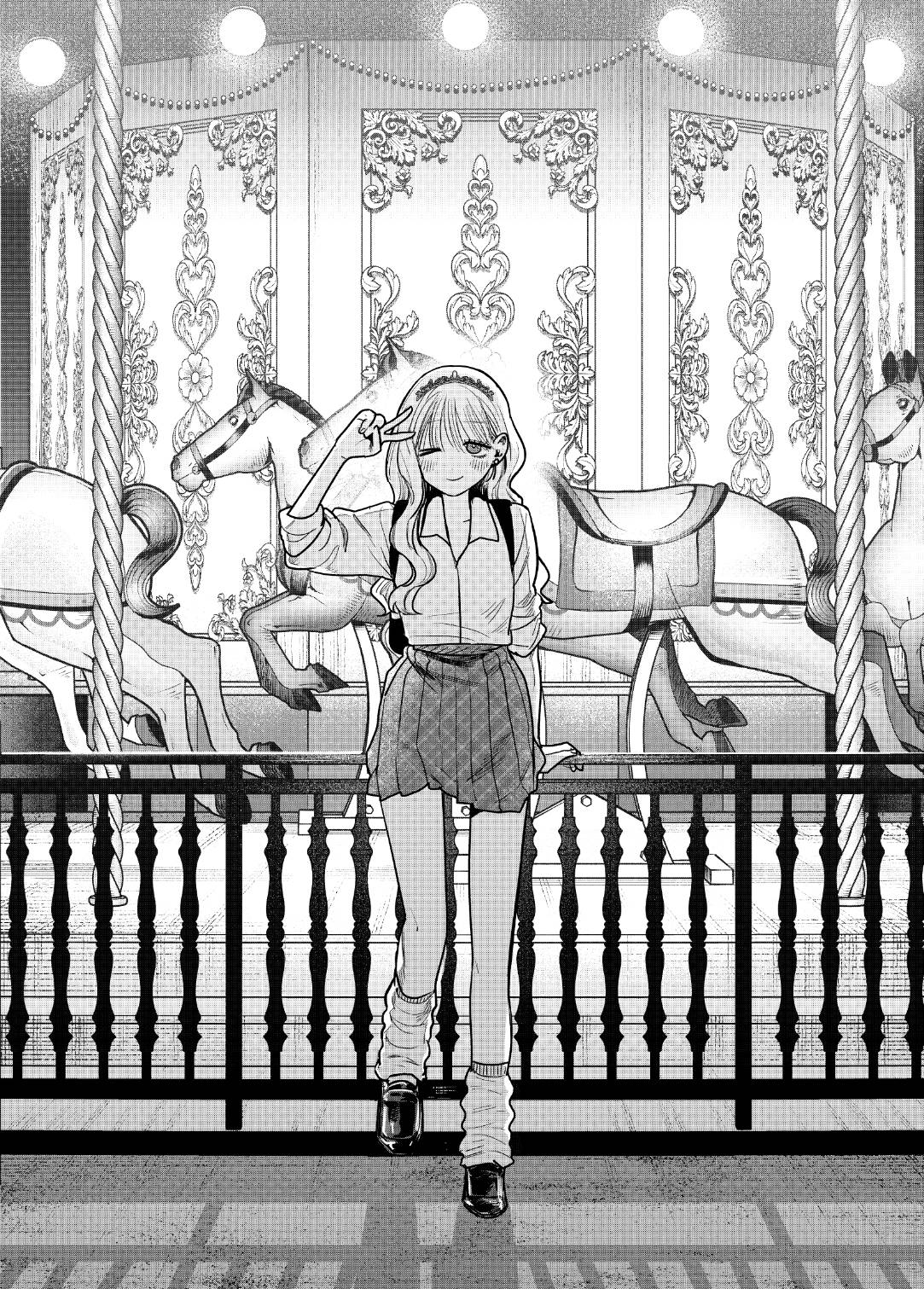 1girl, backpack, bag, blush, carousel, closed_mouth, collared_shirt, commentary_request