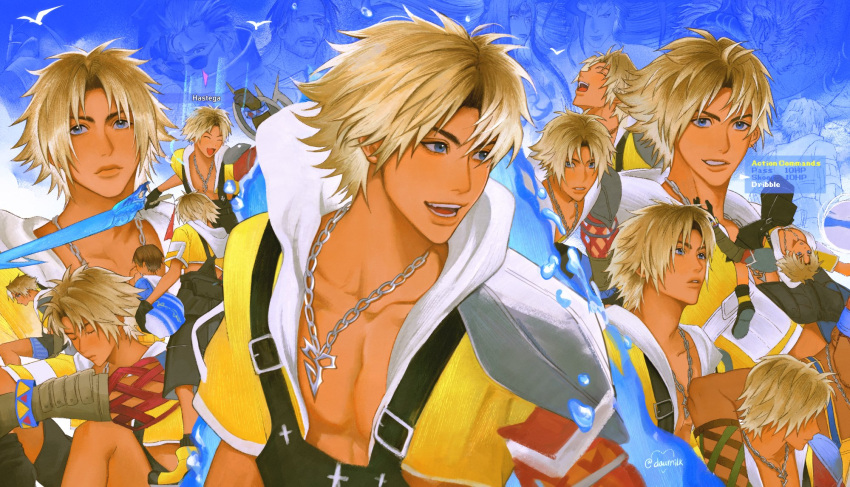 1girl, 6+boys, aged_down, arm_around_shoulder, armor, auron, black_boots, black_gloves