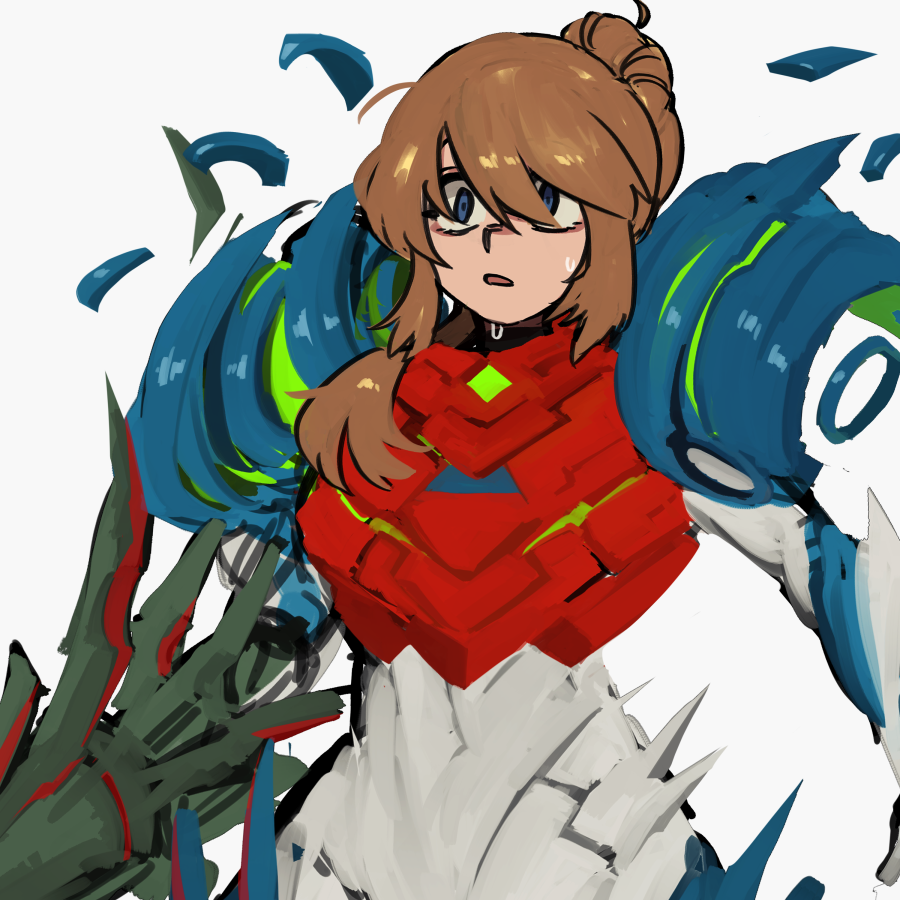 1girl, arm_cannon, armor, battle_damage, blue_eyes, brown_hair, commentary, debris