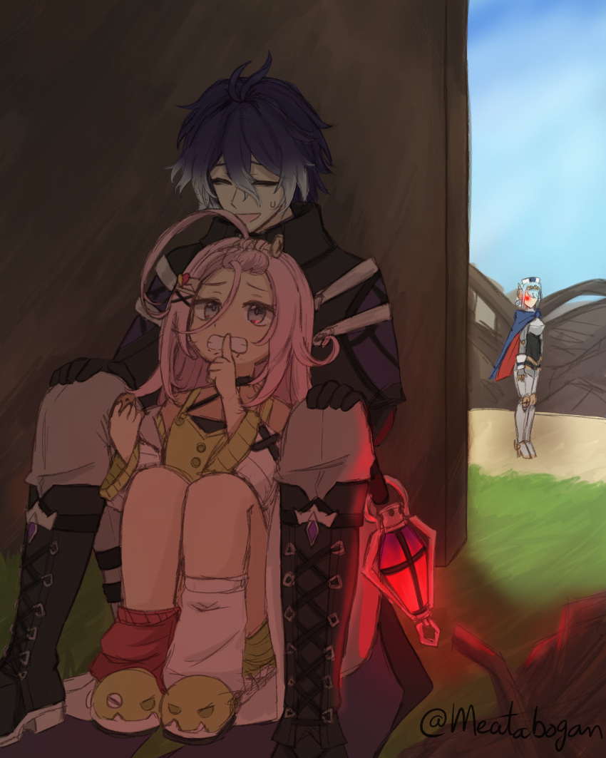 1boy, 2girls, absurdres, ahoge, aino_(genshin_impact), antenna_hair, asymmetrical_legwear, bangs_pinned_back
