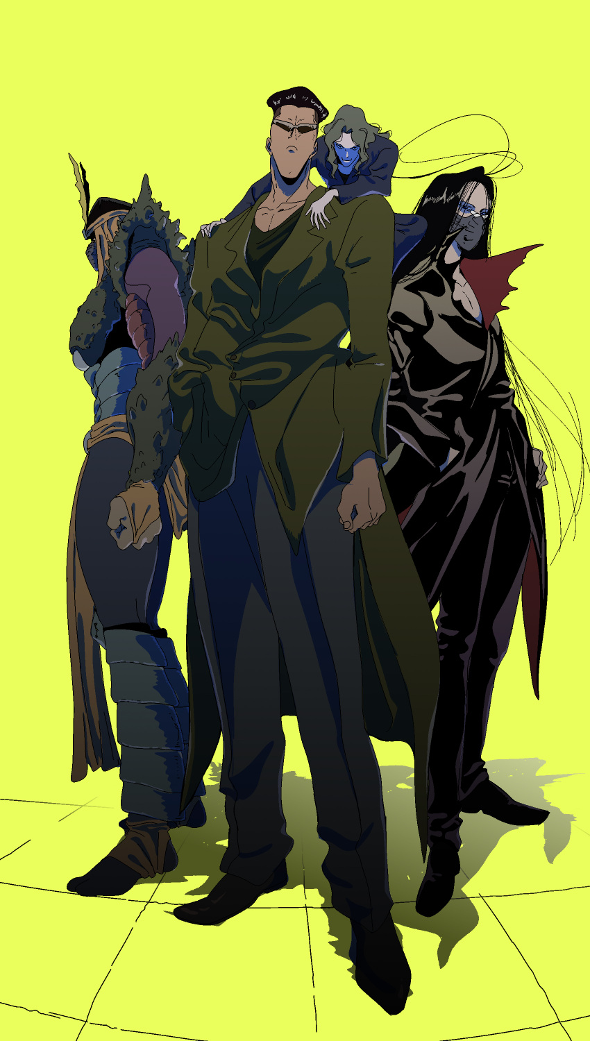 4boys, absurdres, black_hair, bui, closed_mouth, full_body, hat, highres