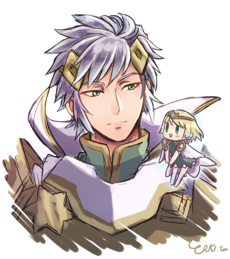 1boy, 1girl, blue_eyes, chibi_on_shoulder, est_tm, fire_emblem, fire_emblem_heroes, fjorm_(fire_emblem)