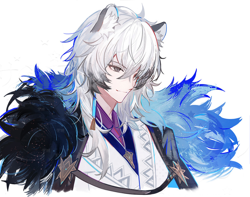 1boy, animal_ear_fluff, animal_ears, arknights, black_hair, black_jacket, blue_fur, blue_shirt