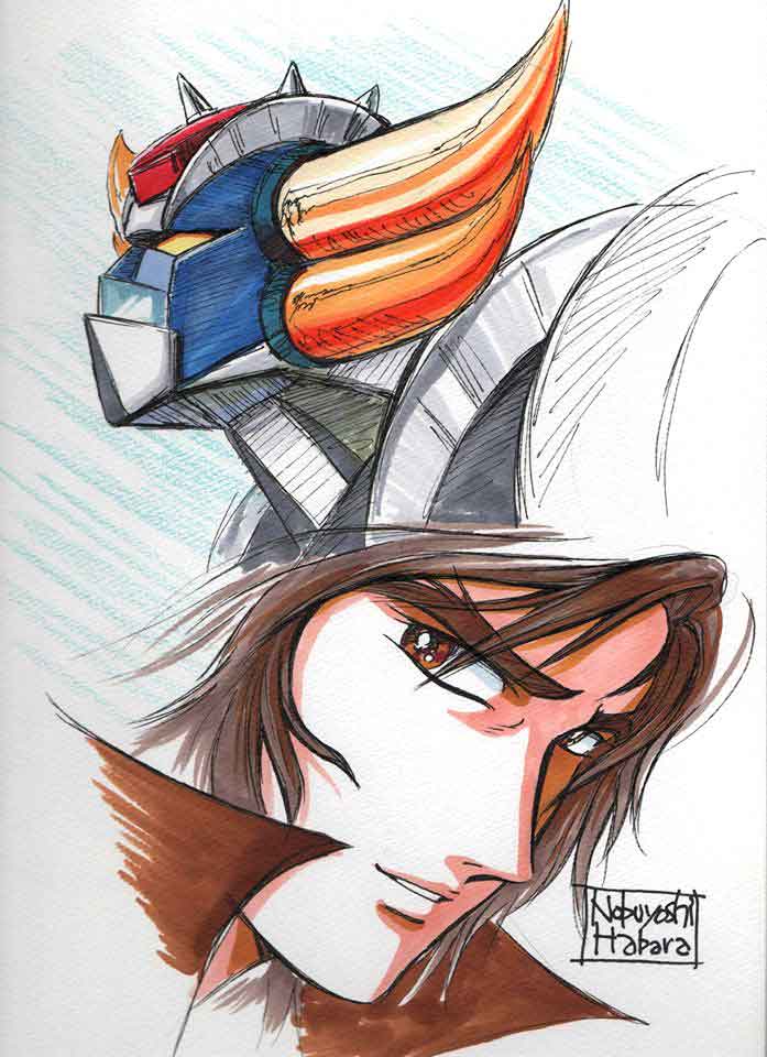 1boy, artist_name, brown_eyes, brown_hair, duke_fleed, grendizer, habara_nobuyoshi, horns