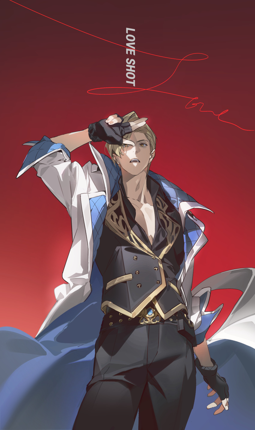 1boy, absurdres, arm_up, belt, black_gloves, black_jacket, black_pants, brown_hair