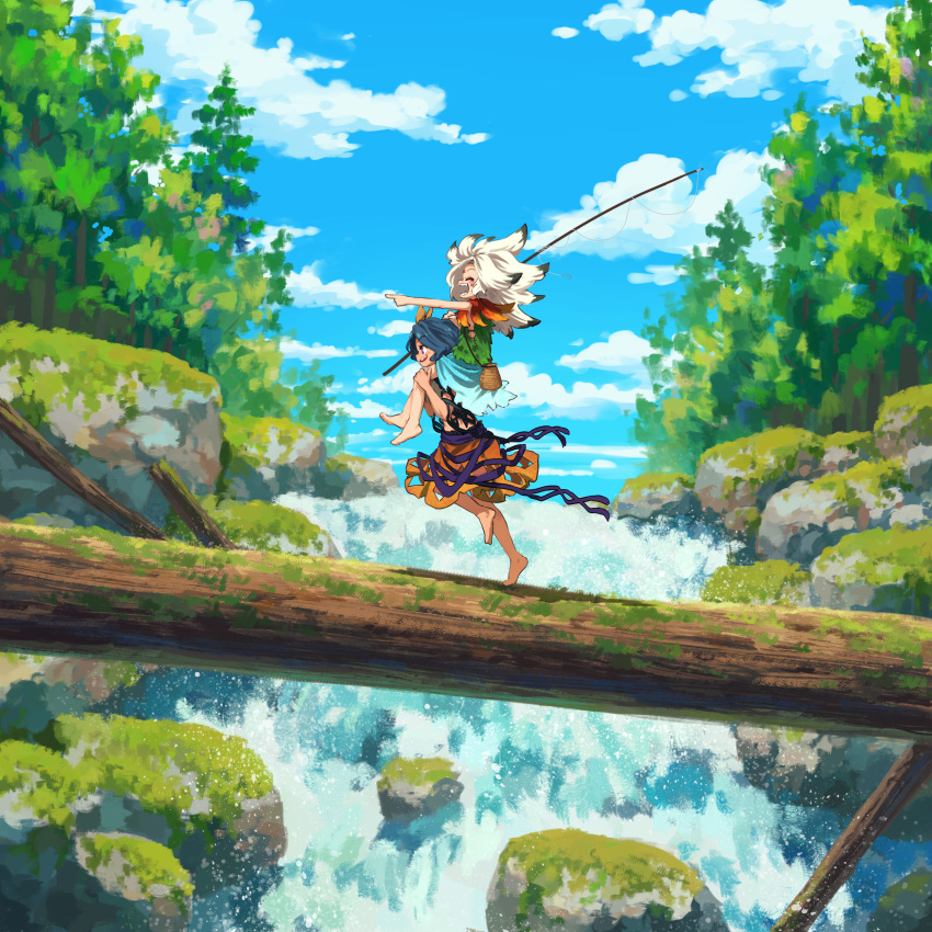 2girls, absurdres, barefoot, blue_hair, blue_sky, carrying, carrying_person, chirizuka_ubame