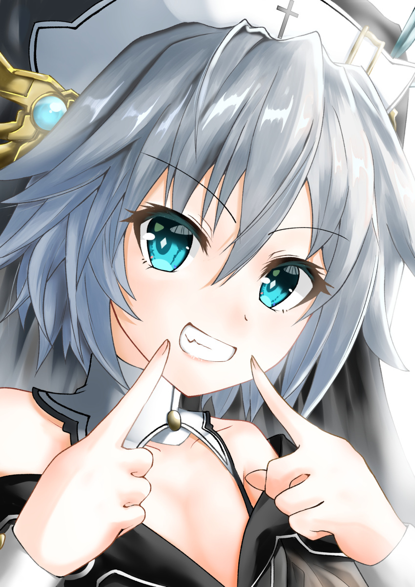 1girl, aqua_eyes, bare_shoulders, black_dress, date_a_live, dress, grey_hair, grin, highres, honjou_nia, honjou_nia_(spirit), long_sleeves, looking_at_viewer, nun, short_hair, smile, solo, suzuki_(white-world), teeth, v-shaped_eyebrows