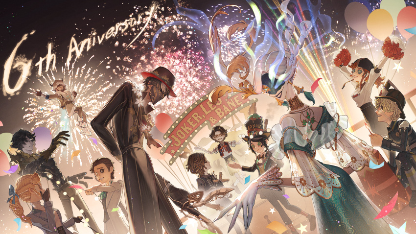 4girls, 6+boys, :d, aerial_fireworks, alice_deross, anniversary, arm_behind_back, arms_up, ascot, backpack, backwards_hat, bag, balloon, bandage_over_one_eye, baseball_cap, beard, black_bow, black_bowtie, black_coat, black_gloves, black_hair, black_hat, black_jacket, black_pants, black_scarf, black_shirt, black_shoes, black_skirt, black_suit, black_vest, blank_eyes, blonde_hair, blue_eyes, blue_ribbon, bow, bowtie, brown_eyes, brown_hair, brown_pants, button_eyes, buttons, charles_holt, charles_holt_(strange_dream), closed_mouth, coat, collared_shirt, colored_skin, comb_over, control_bar, curtained_hair, domino_mask, dress, drill_hair, drill_ponytail, earrings, emma_woods, emma_woods_(stage_host), eye_mask, eye_trail, facial_hair, fake_horns, feet_out_of_frame, fingernails, fire_helmet, firefighter, fireworks, floating, floating_hair, floral_print, florian_brand, flower, fool's_gold_(identity_v), full_beard, full_body, fur-trimmed_jacket, fur_trim, gem, gloves, gold_choker, gold_necklace, green_ascot, green_dress, green_eyes, green_gemstone, grey_jacket, grey_skin, grey_vest, grin, hair_over_eyes, hair_over_one_eye, hair_ribbon, hair_slicked_back, hand_to_own_mouth, hat, hat_ornament, highres, holding, holding_balloon, holding_matchstick, holding_pom_poms, horned_headwear, horns, identity_v, ivy_(identity_v), jack_(identity_v), jack_(tuberose)_(identity_v), jacket, jewelry, lapels, light_trail, lily_barriere, long_hair, long_sleeves, looking_at_another, looking_at_viewer, looking_up, louis_(identity_v), makeup, mask, material_growth, matthias_czernin, monocle, multicolored_hair, multiple_boys, multiple_girls, mustache, necklace, neri_(zooorooo-1115), night, notched_lapels, off-shoulder_dress, off_shoulder, official_alternate_costume, on_one_knee, open_clothes, open_jacket, orange_hair, orpheus_(identity_v), outdoors, pant_suit, pants, parted_bangs, pearl_(gemstone), pinstripe_coat, pinstripe_pants, pinstripe_pattern, polka_dot, polka_dot_socks, pom_pom_(cheerleading), puppet, red_lips, red_socks, ribbon, ringlets, runny_makeup, scar, scar_on_face, scarf, see-through_clothes, see-through_sleeves, sharp_fingernails, shears, shirt, shoes, short_hair, single_glove, skirt, smile, socks, solid_eyes, stage, standing, stitched_face, stitched_mouth, stitches, streaked_hair, stuffing, suit, suit_jacket, sweater, tassel, tassel_earrings, three-quarter_sleeves, top_hat, trilby, twintails, vest, wavy_hair, white_flower, white_gloves, white_hair, white_jacket, white_pants, white_shirt, white_sweater, yellow_vest