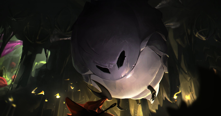1girl, absurdres, arthropod_girl, black_eyes, black_skin, boss_fight, cloak, colored_skin