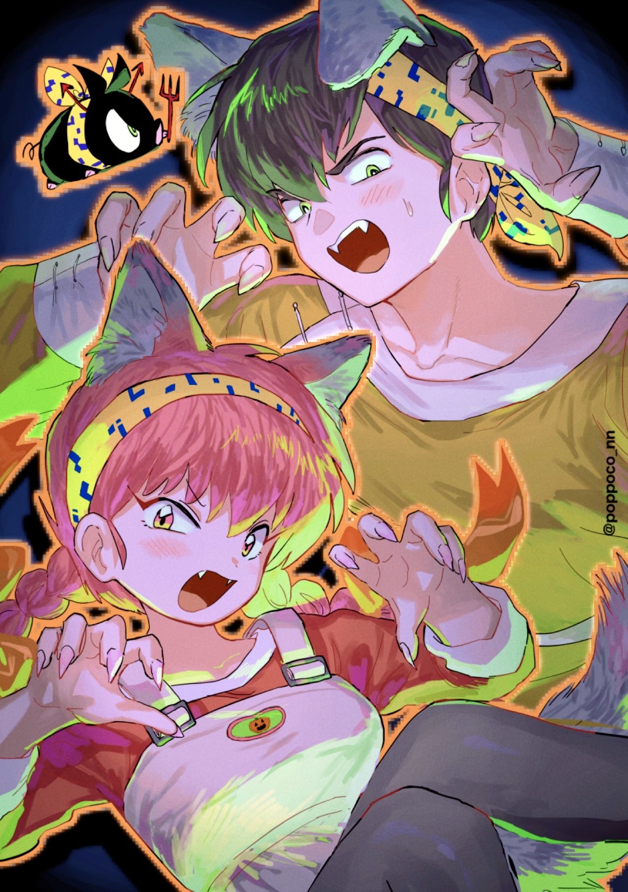 1boy, 1girl, animal_ears, bandana, braid, brown_hair, claw_pose, commentary