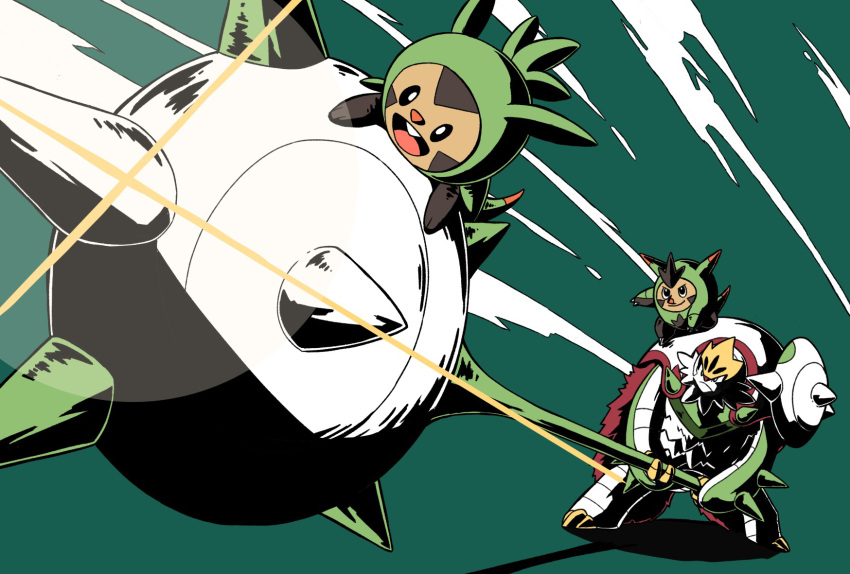 chesnaught, chespin, closed_mouth, commentary_request, evolutionary_line, green_background, highres, holding